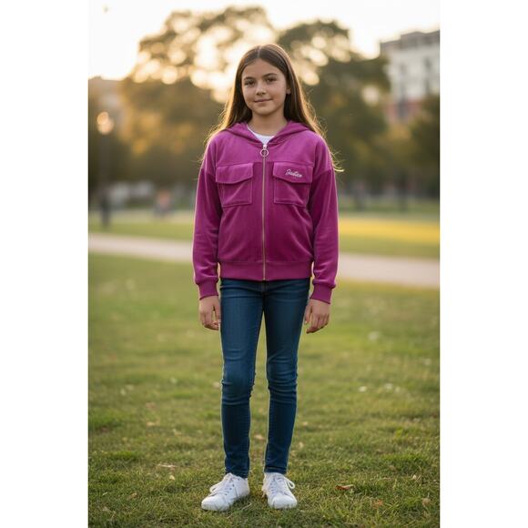 Justice Other - Justice Velour Zip Hoodie Pink Girls XL 16/18 Gold Zipper Cropped Y2K